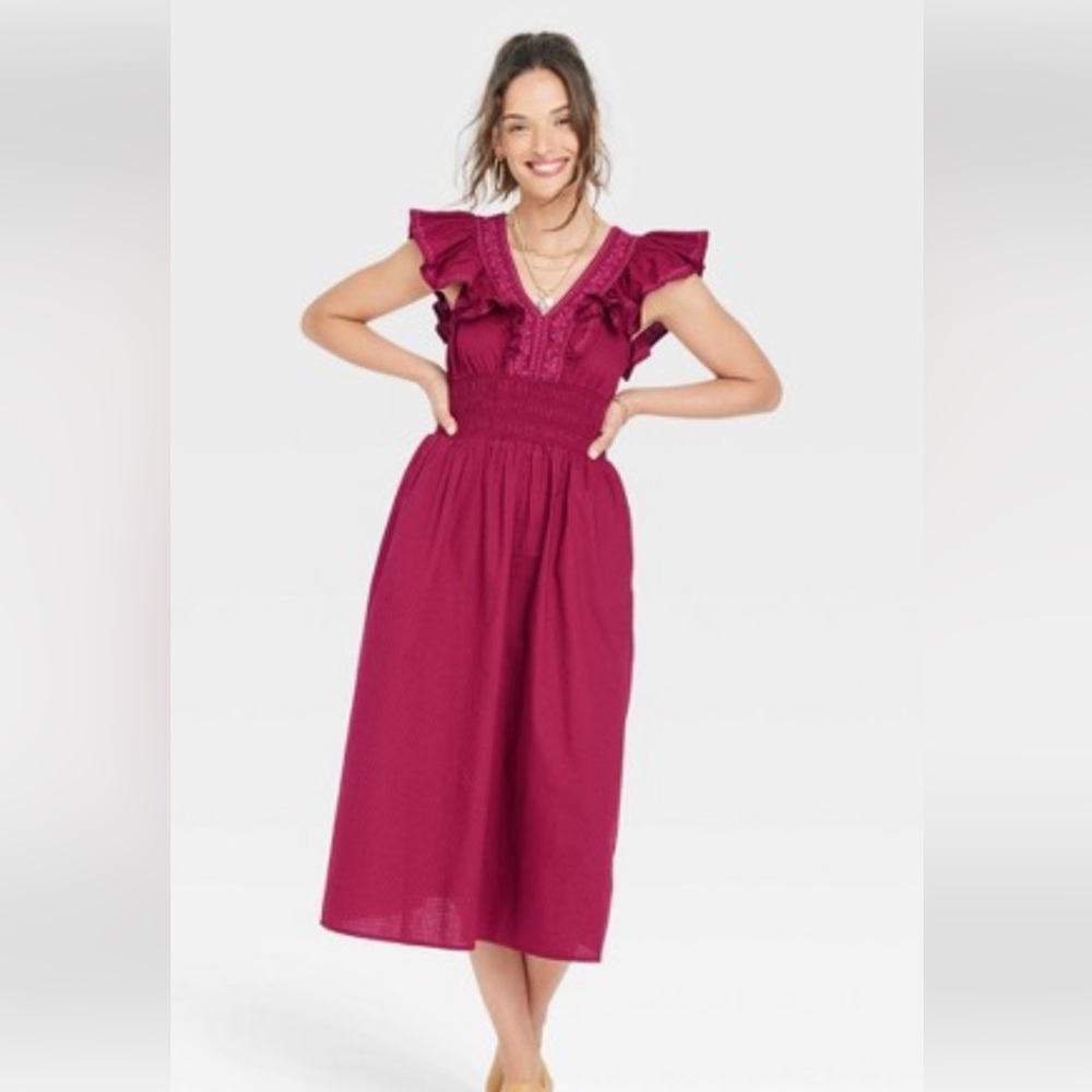 Women’s Flutter Sleeveless Embroidered Dress- Burgundy